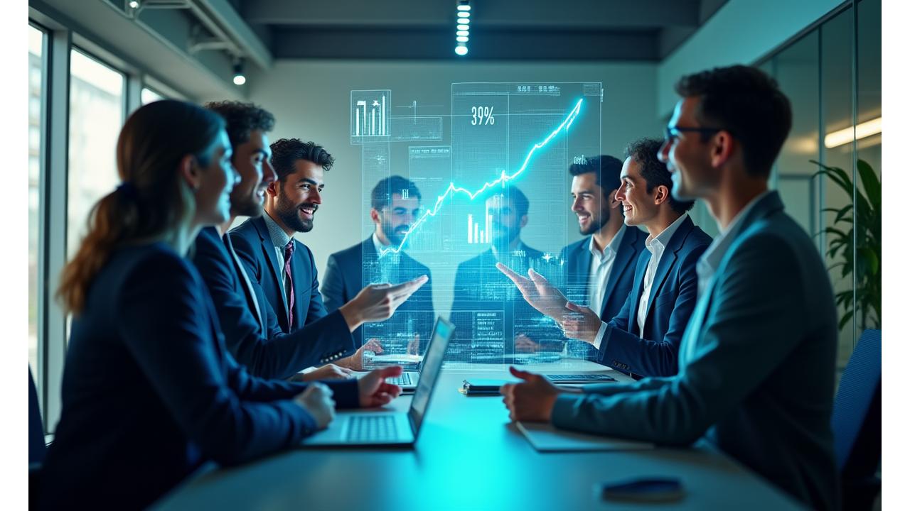 Группа инвесторов общаются на фоне графика роста стартапа