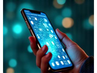 Рука, держащая смартфон с экраном, на котором отображаются символы криптовалют и NFT. На фоне светится цифровая сеть.